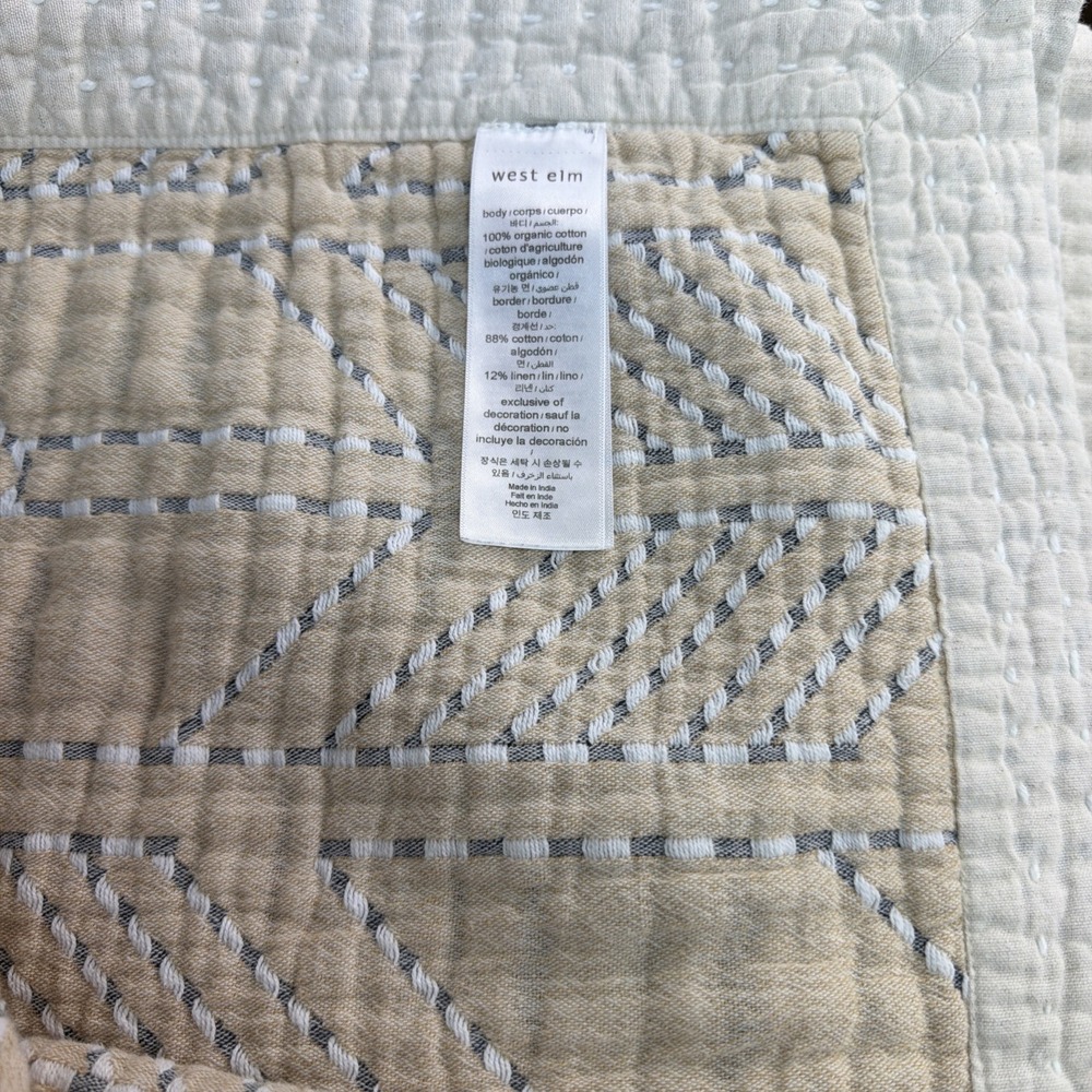 West Elm ORGANIC Cotton & Linen Arrow Blanket F/Q Reversible Grey Beige Quilt - Picture 4 of 10